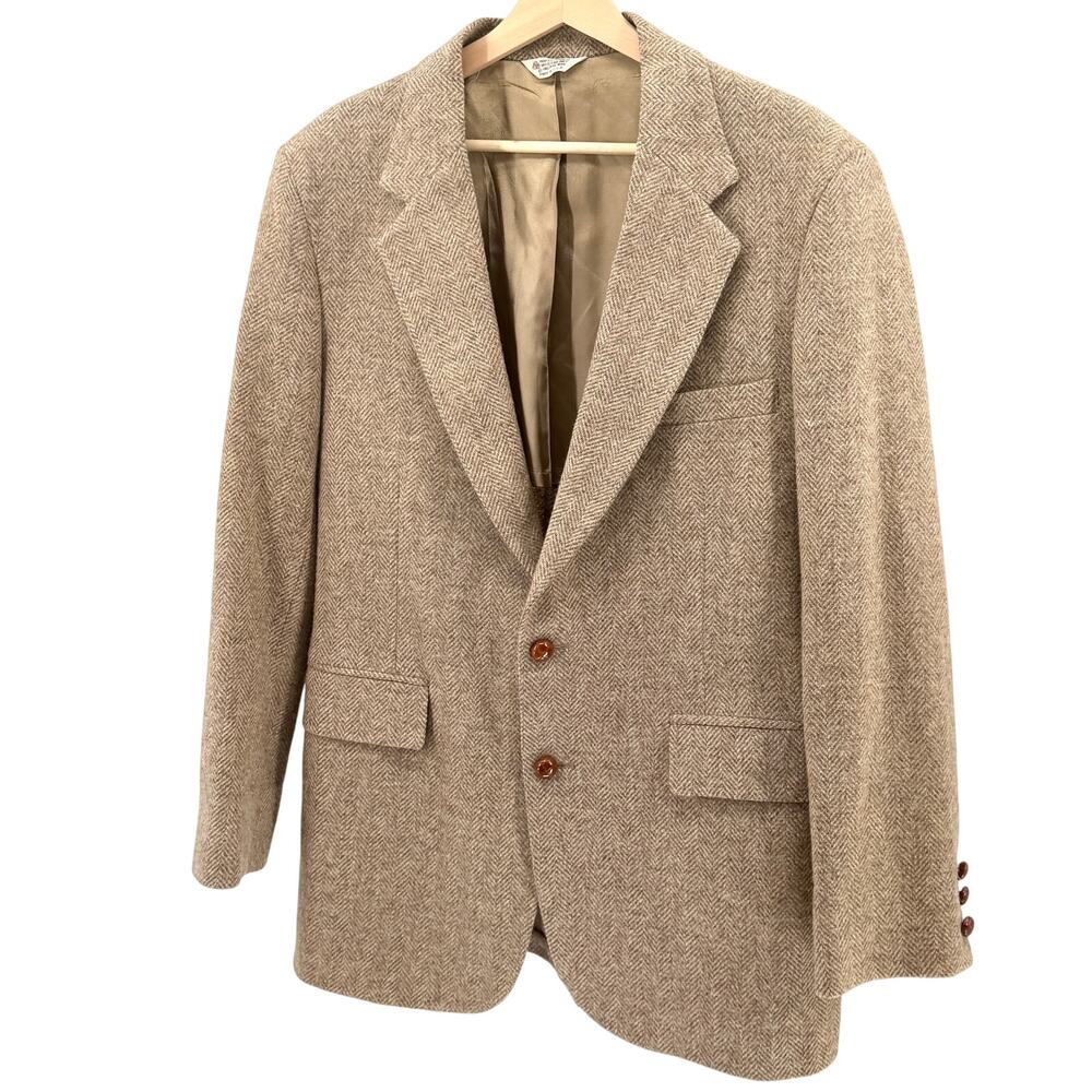 Vintage 80s Anderson Little Tan 100% Wool Herringbone Tweed Blazer Jacket